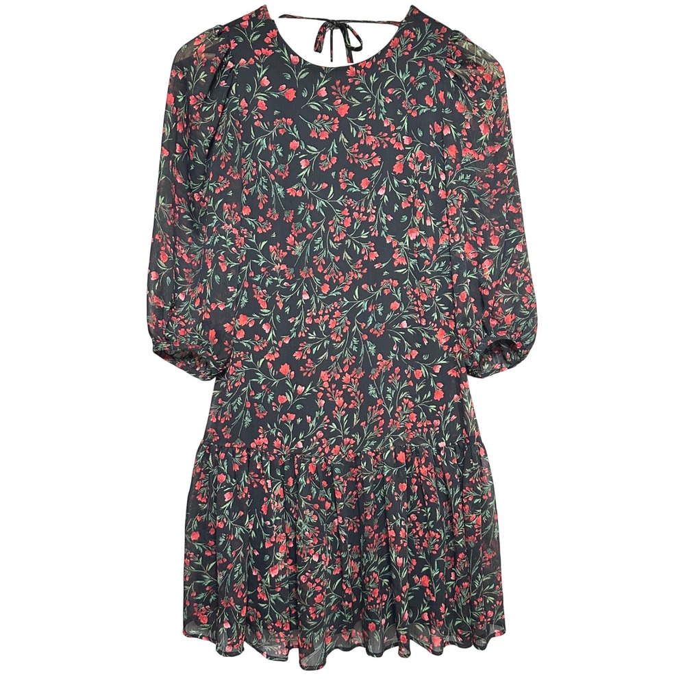 Calvin Klein Dark Floral Puff Sleeve Mini Dress Womens 2 Ruffle Hem Cottage Chic